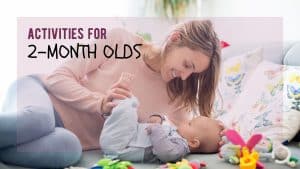 mom lays on her side next to and is looking at a small infant laying on their back with the article title "Activities for 2-month Olds"